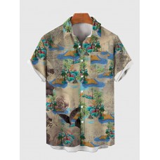 Full-Print Retro Hawaiian Island, Coconut Tree and Sea Printing Men's Short Sleeve Shirt