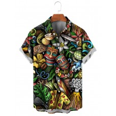 Men's Cartoon Doodle Hawaiian Print Short Sleeve Shirt