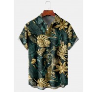 Men's Hawaiian Monstera Gold Green Short Sleeve Shirt