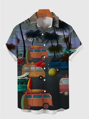 Full-Print Holiday Palm Tree and Graffiti Cars Printing Men's Short Sleeve Shirt