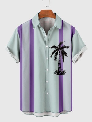 1960s LightCyan and MediumPurple Stripe Coconut Tree Printing Men's Short Sleeve Shirt