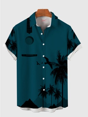 Hawaiian Creative Guitar and Palm Coconut Tree Printing Men's Short Sleeve Shirt